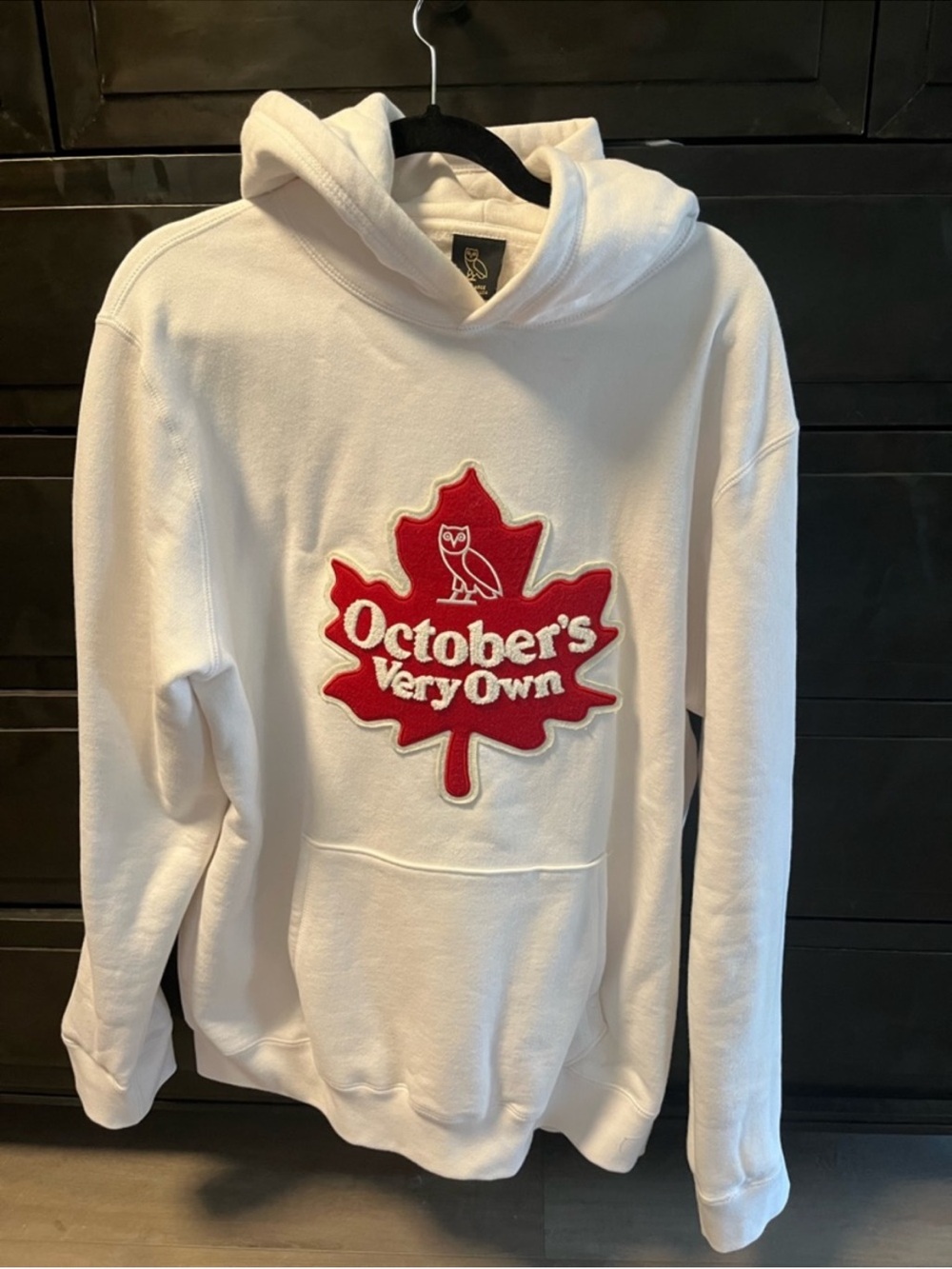 October's Very Own White Hoodie with Red Maple Logo